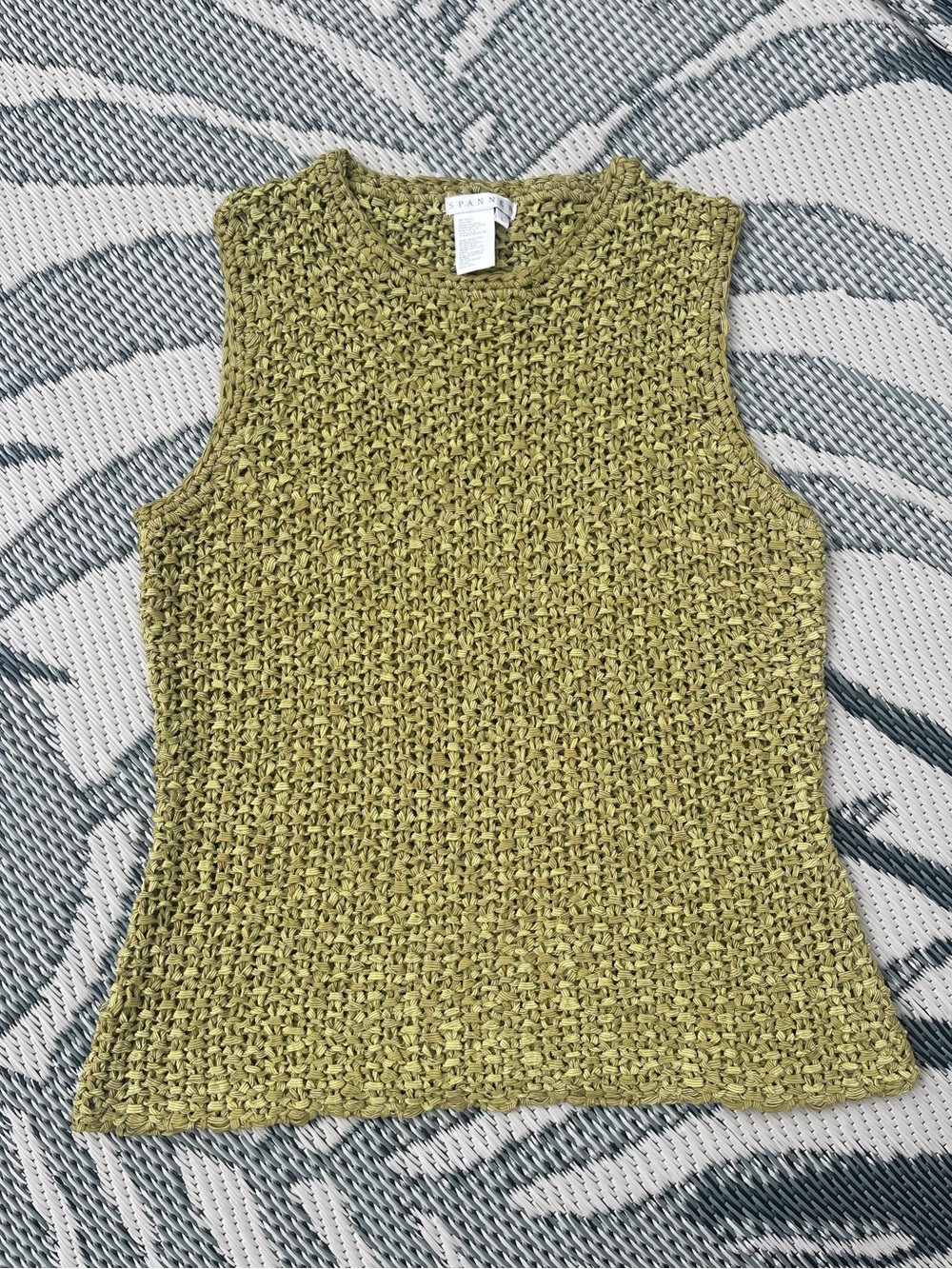 Vintage Olive Green Sweater Vest Tank Large Shell Top Cottage Ribbon Open Knit
